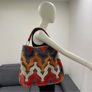 GLENDA GIES Large Chenille and Leather Bag with Gold-Tone Hardware